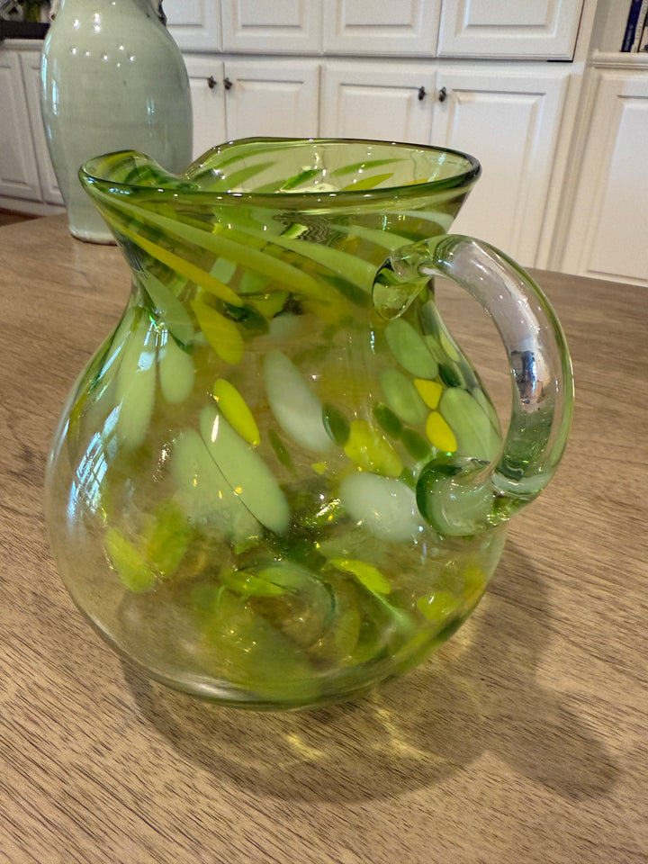 Amici Glass Hand Blown Emerald Green & White Swirl Splattered Vase