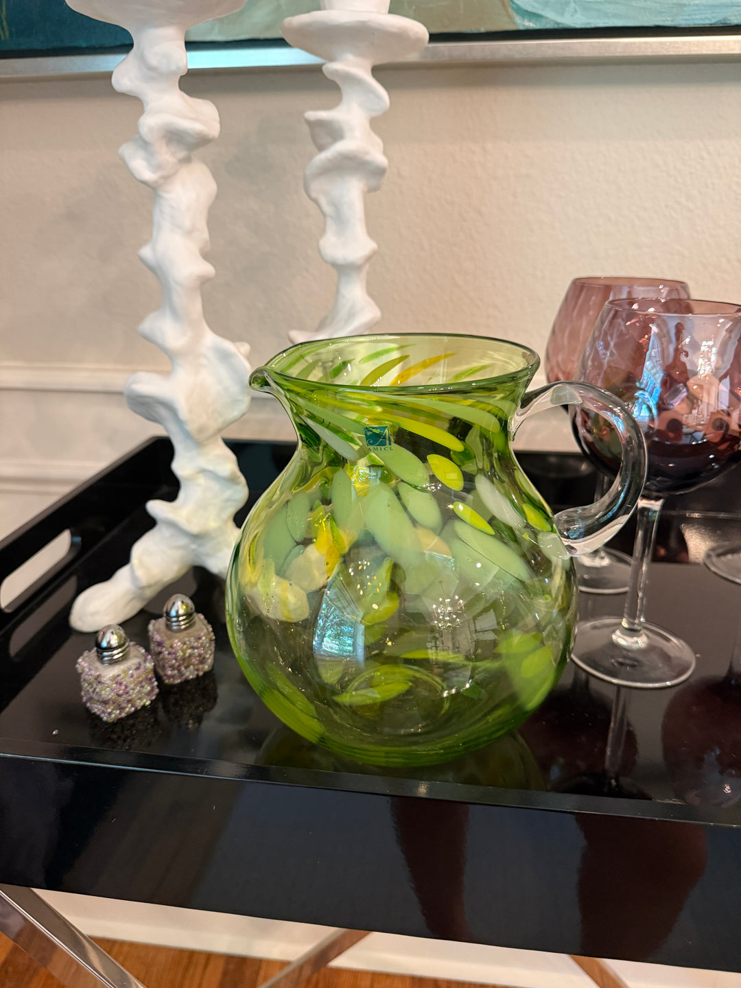 Amici Glass Hand Blown Emerald Green & White Swirl Splattered Vase