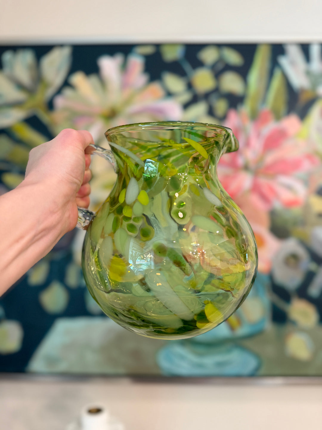 Amici Glass Hand Blown Emerald Green & White Swirl Splattered Vase