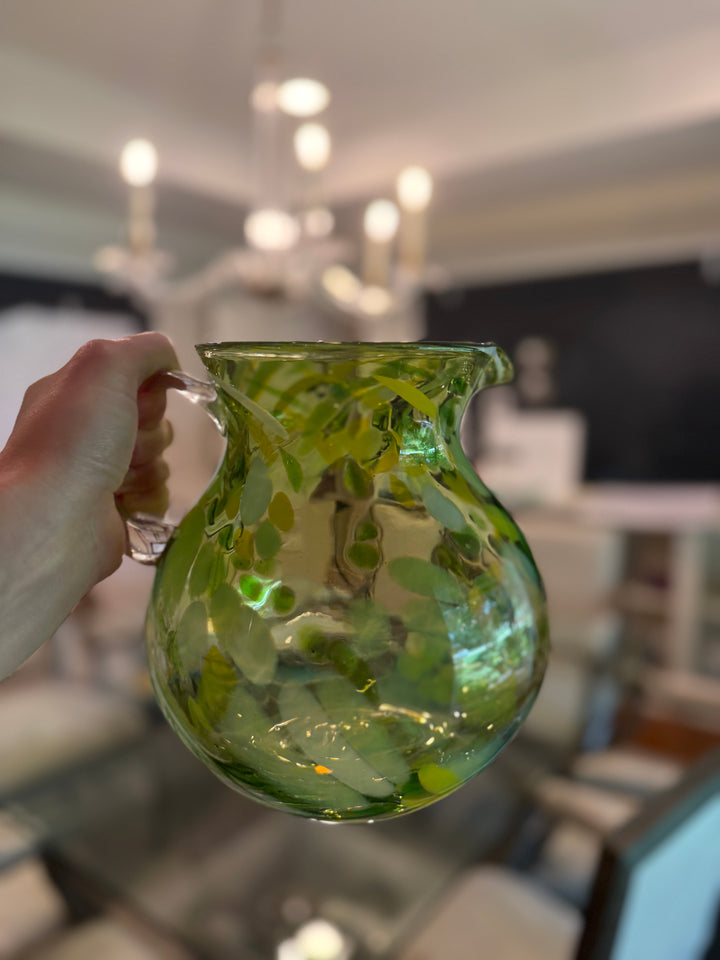 Amici Glass Hand Blown Emerald Green & White Swirl Splattered Vase