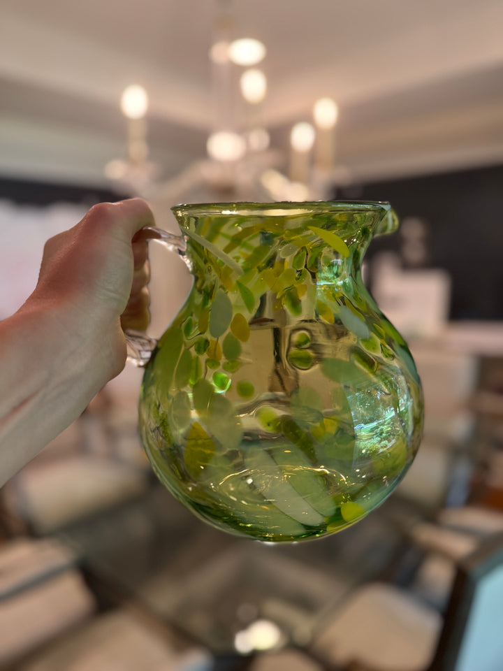 Amici Glass Hand Blown Emerald Green & White Swirl Splattered Vase