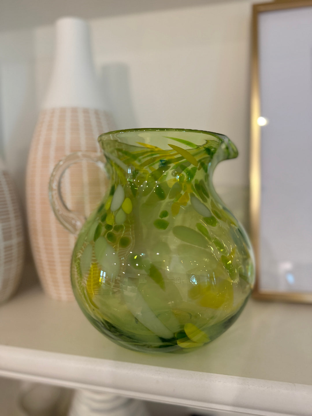 Amici Glass Hand Blown Emerald Green & White Swirl Splattered Vase