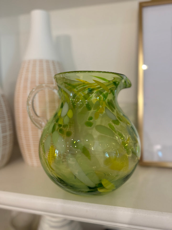 Amici Glass Hand Blown Emerald Green & White Swirl Splattered Vase