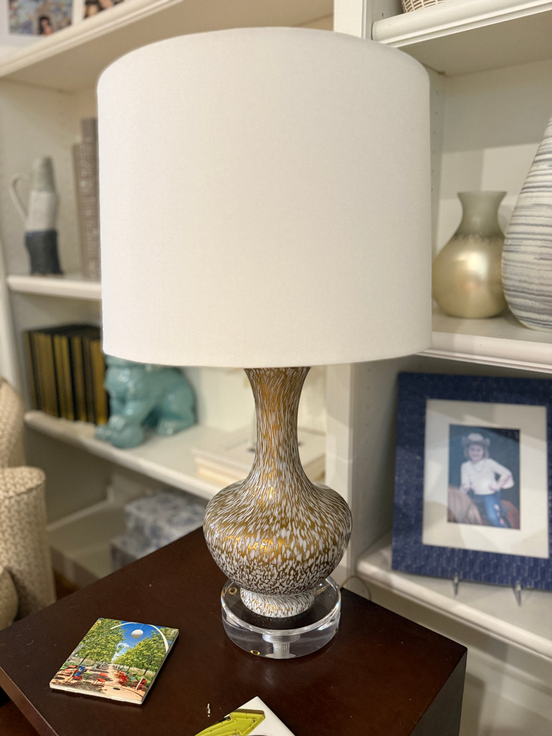 Gold and White Glass Table Lamp with Acrylic Base