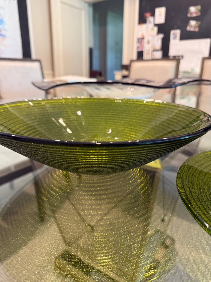 Vintage Glass Avocado Green Large Serving Bowl and Plate