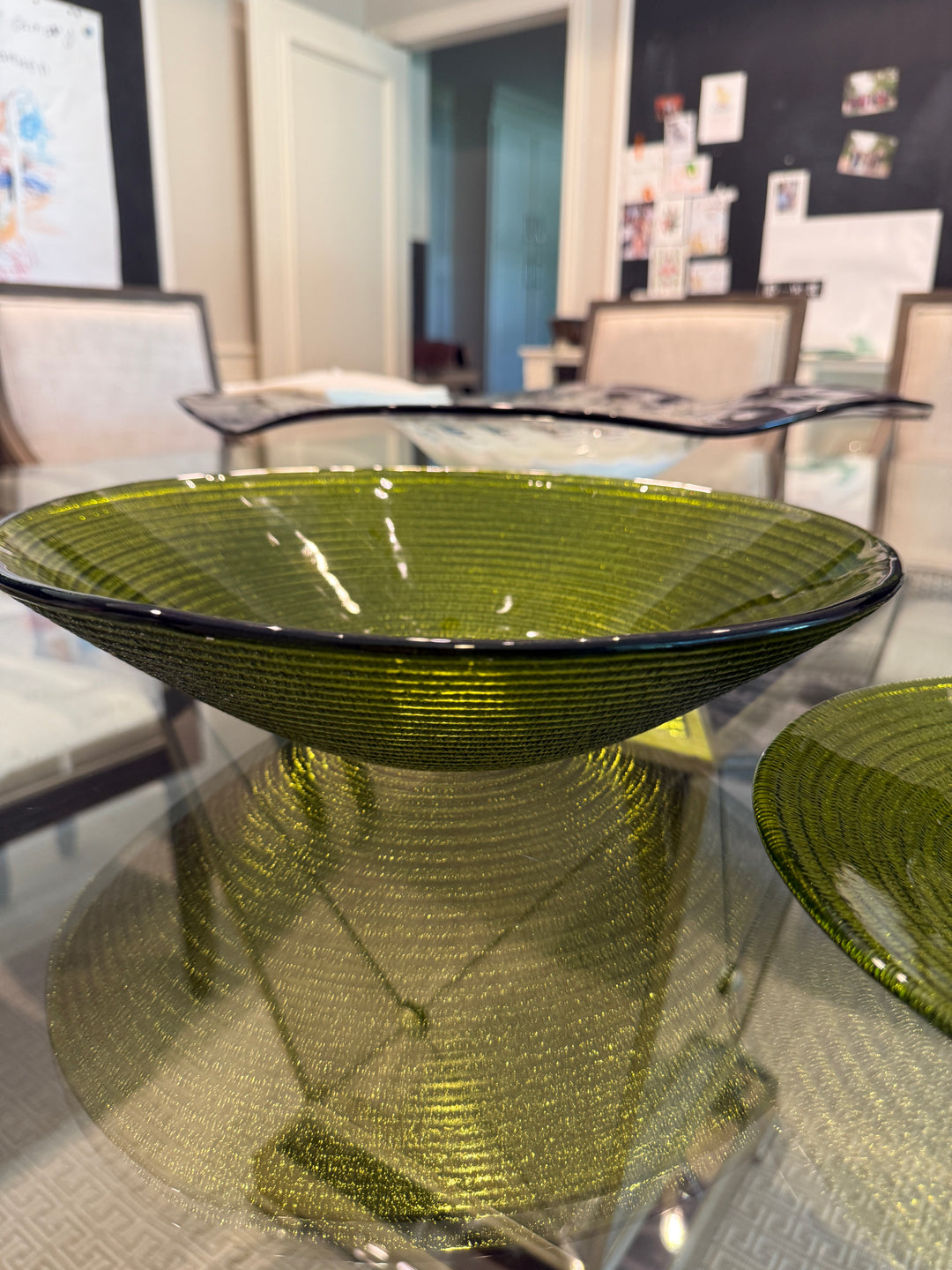 Vintage Glass Avocado Green Large Serving Bowl and Plate