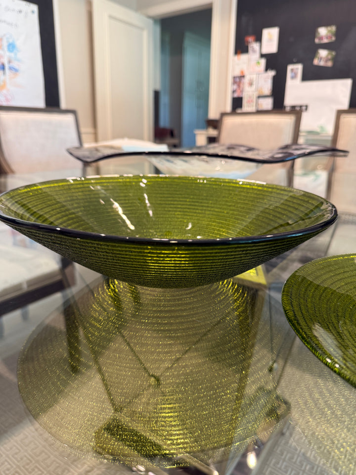 Vintage Glass Avocado Green Large Serving Bowl and Plate