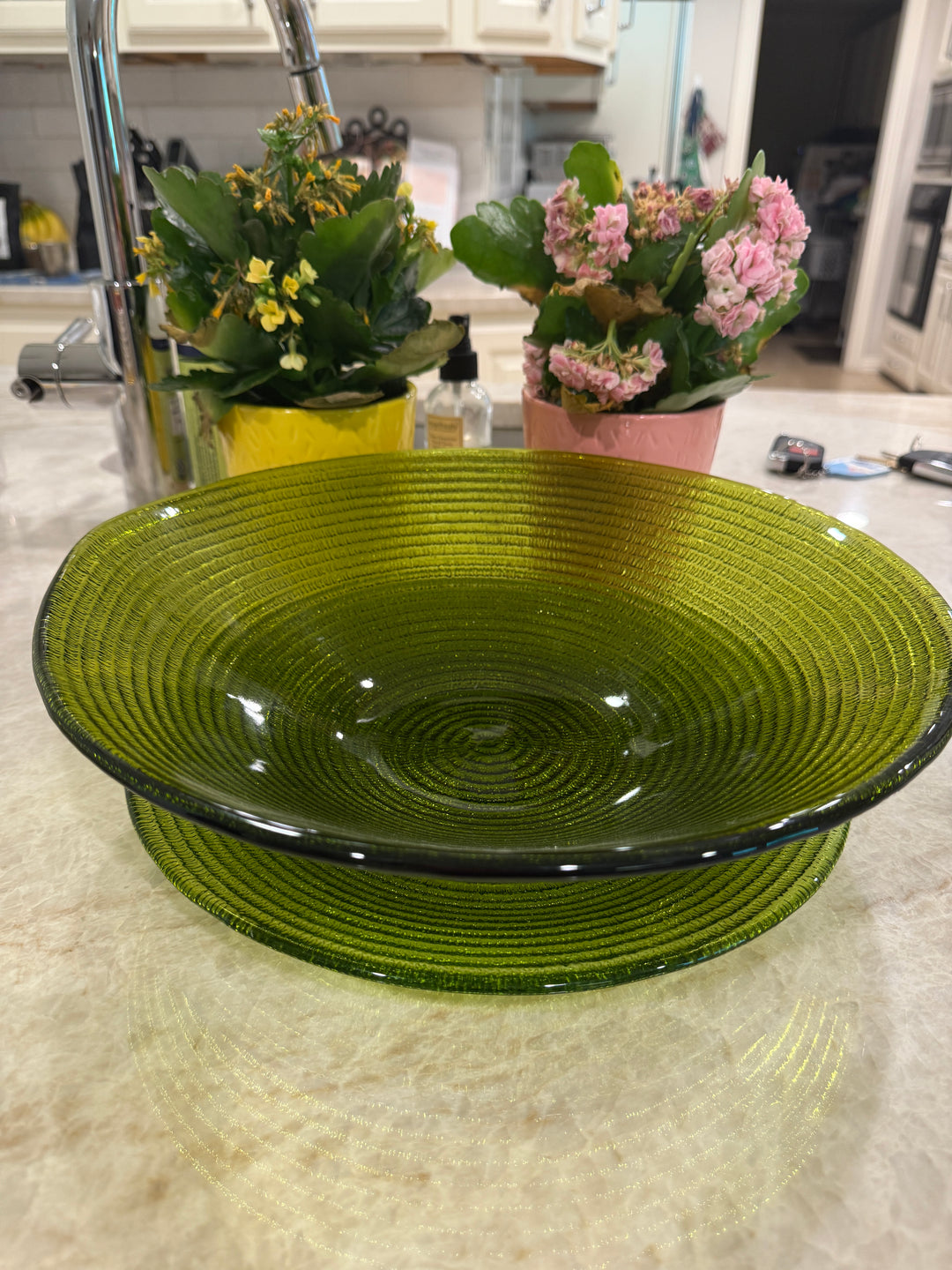 Vintage Glass Avocado Green Large Serving Bowl and Plate