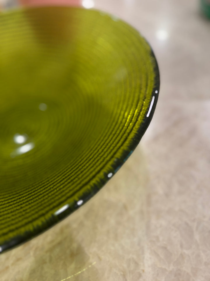 Vintage Glass Avocado Green Large Serving Bowl and Plate