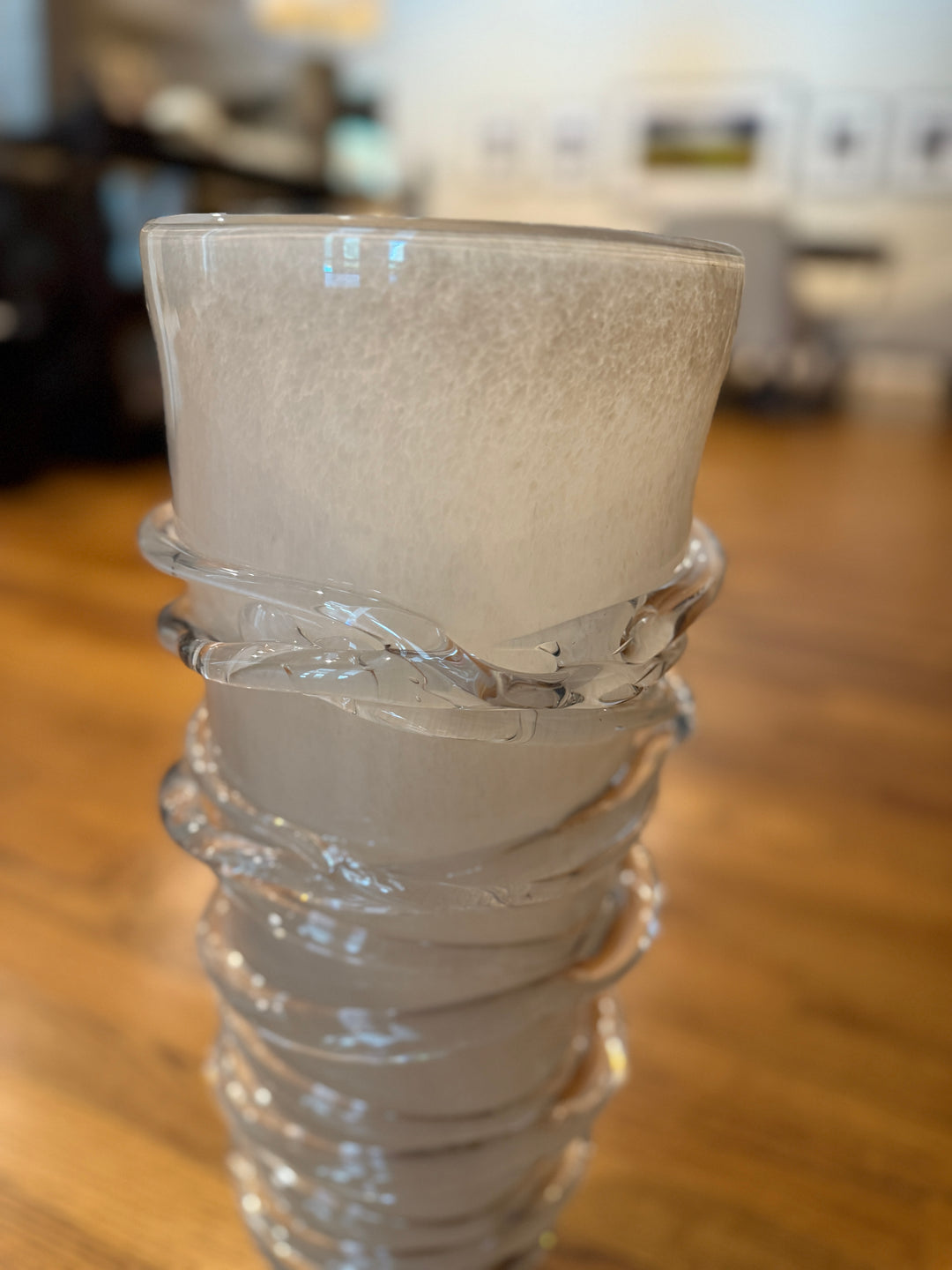 Murano Style Art Glass White Vase with Clear Glass Thread