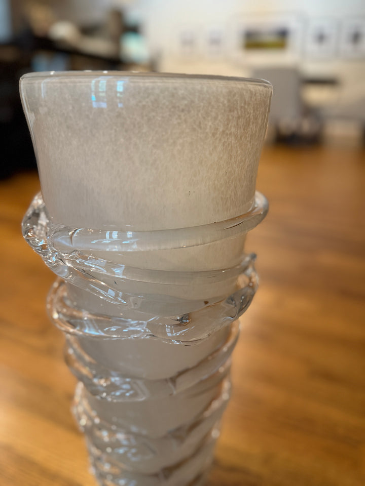 Murano Style Art Glass White Vase with Clear Glass Thread