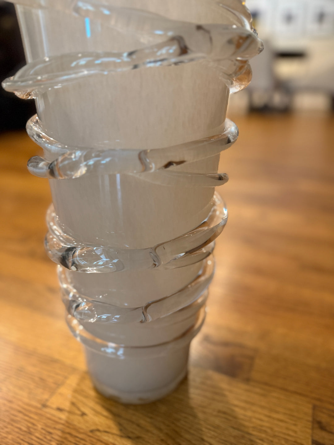 Murano Style Art Glass White Vase with Clear Glass Thread