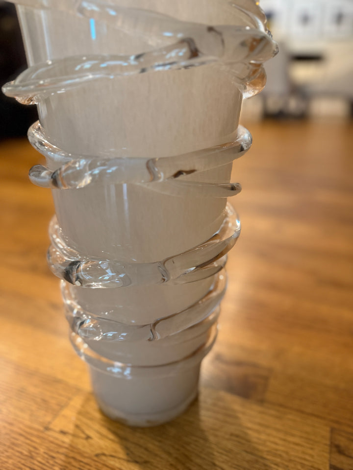 Murano Style Art Glass White Vase with Clear Glass Thread