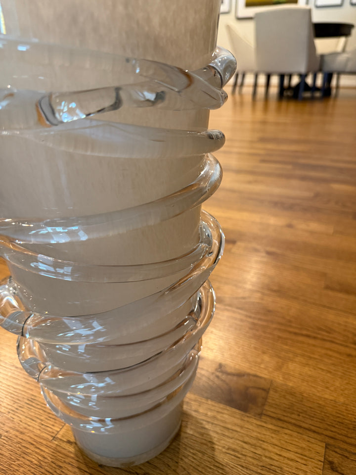 Murano Style Art Glass White Vase with Clear Glass Thread
