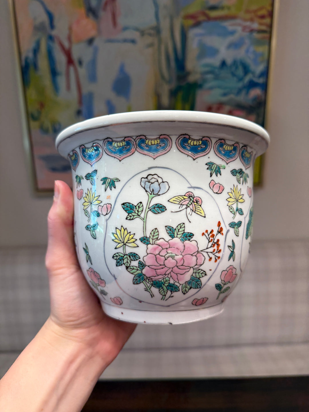 Vintage Chinese Painted Porcelain Jardiniere Planter