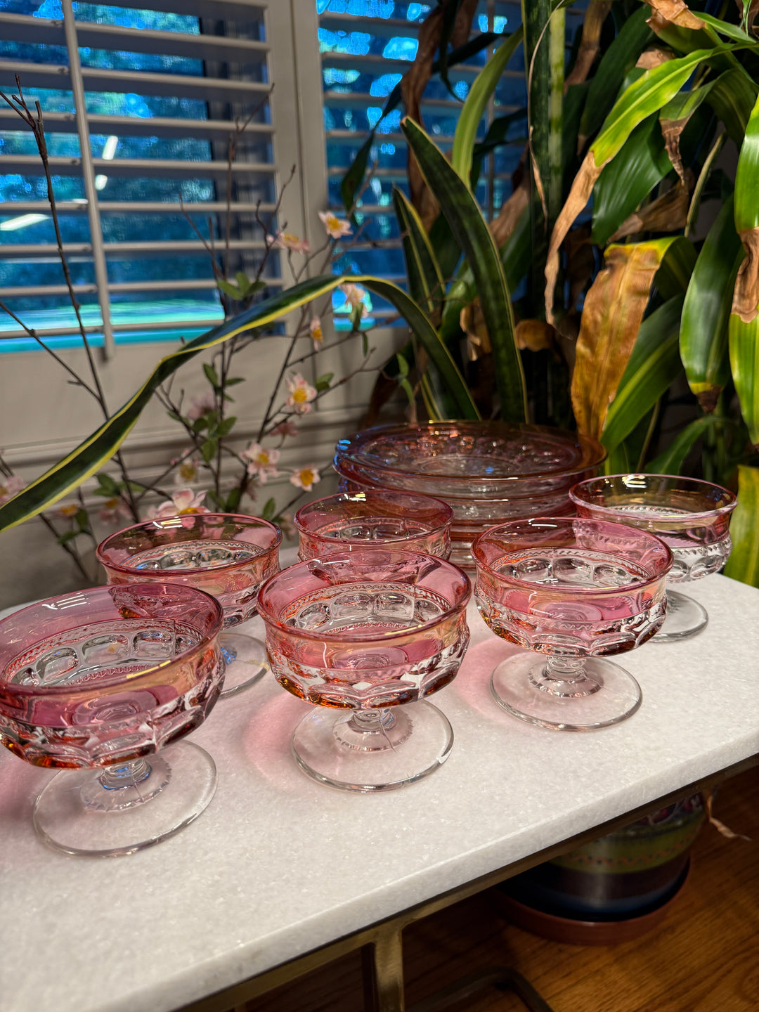 6 Tiffin King's Cranberry Sherbet Glasses and 6 Plates