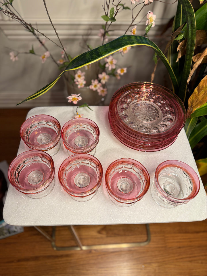 6 Tiffin King's Cranberry Sherbet Glasses and 6 Plates