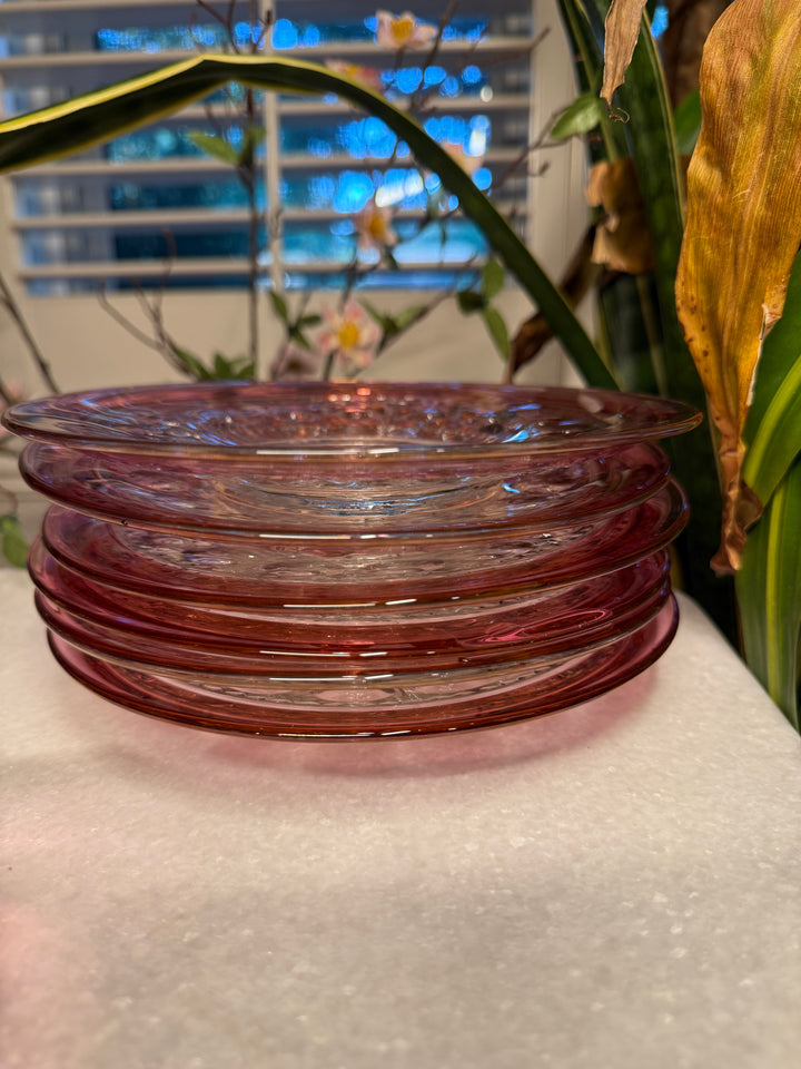 6 Tiffin King's Cranberry Sherbet Glasses and 6 Plates