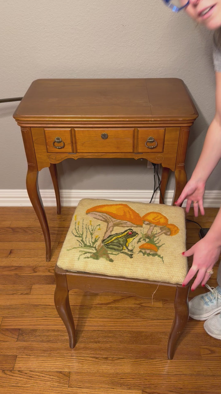 Antique, Functional Electric Sewing Machine Model 15-91 Wooden Desk with Needlepoint Bench